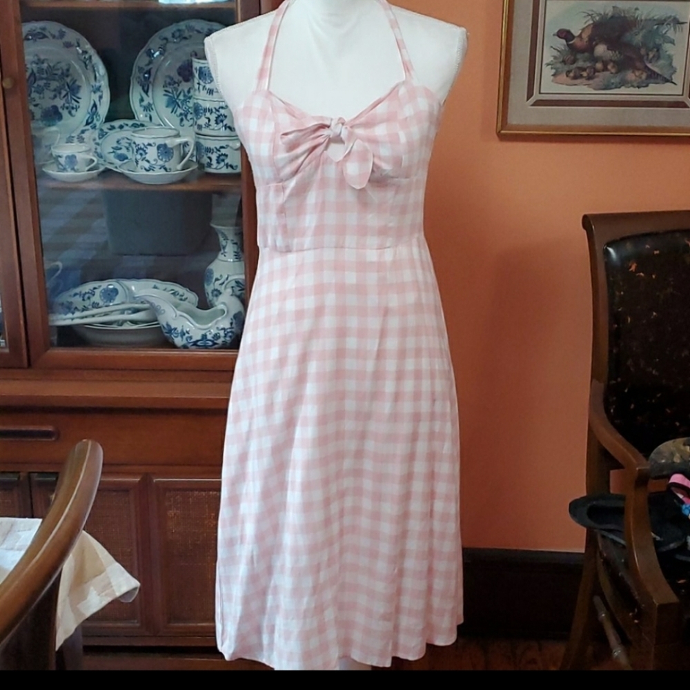 Boutique Pink Gingham Halter Dress Pinup